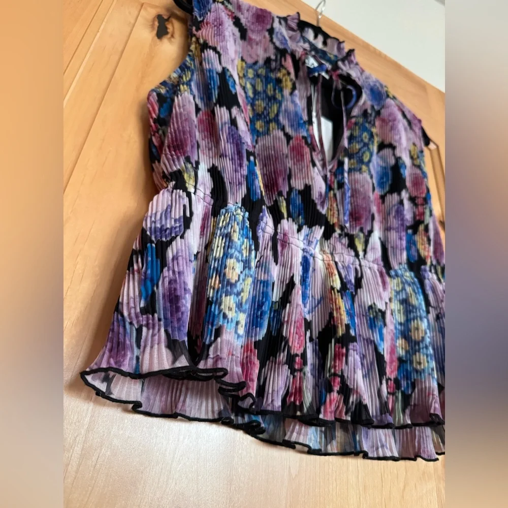 Ganni Floral Sleeveless Ruffled Neck Top in Black, Pink, Purple - Picture 6 of 12